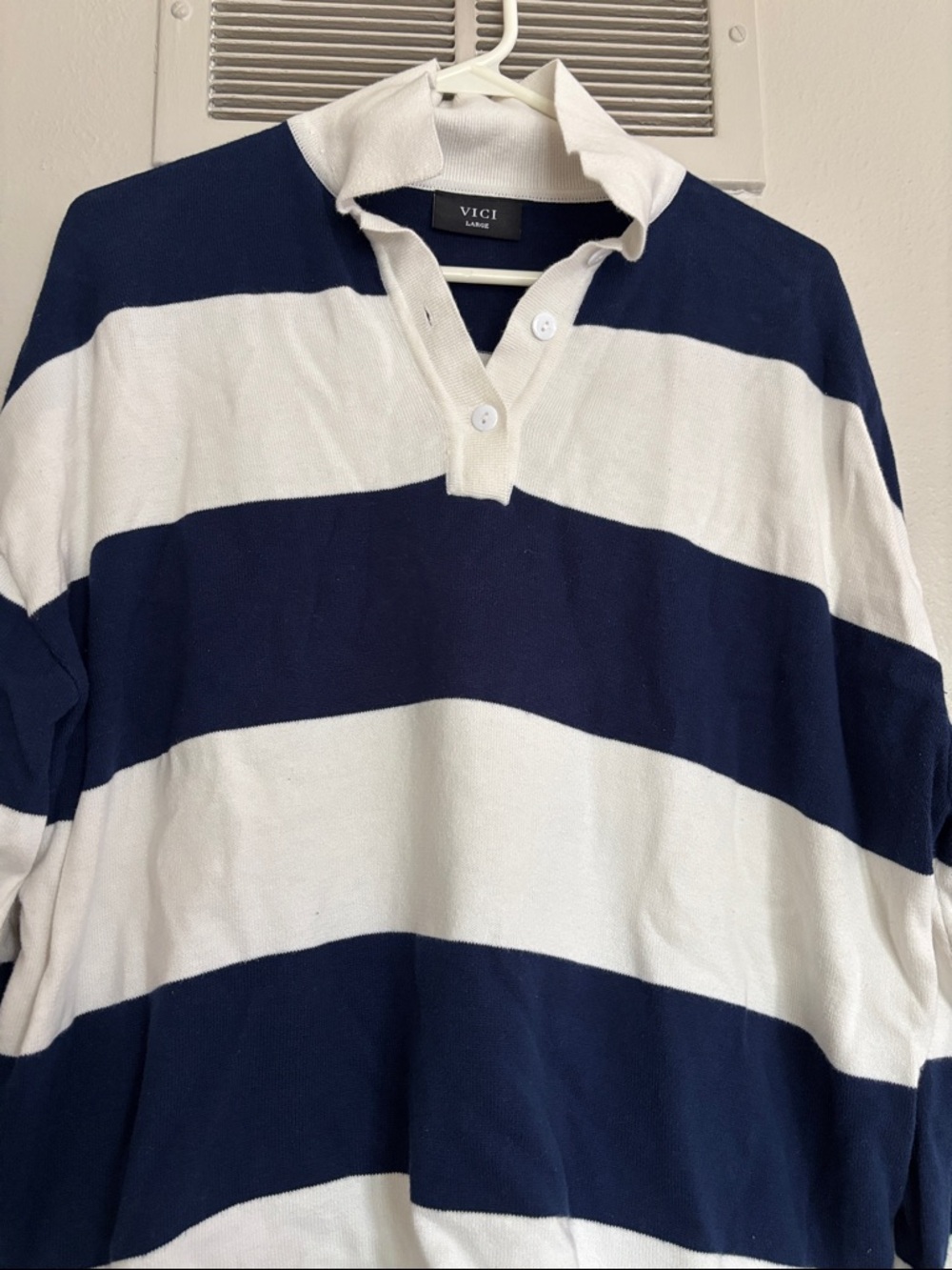 VICI Navy and White Wide-Stripe Rugby Polo